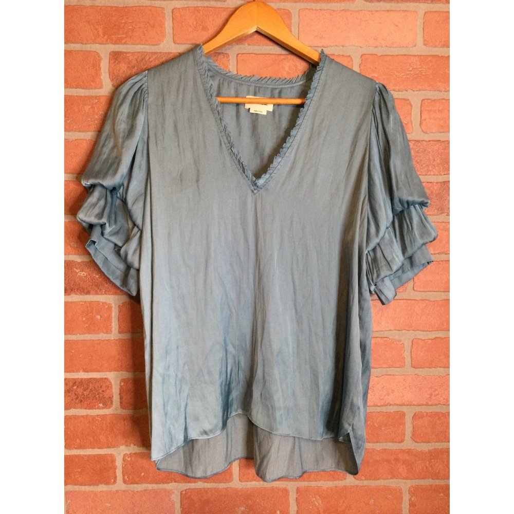 Zadig & Voltaire Women's Taste Tiered Puff Sleeve Satin Top. Large. LIGHT BLUE - Picture 2 of 9